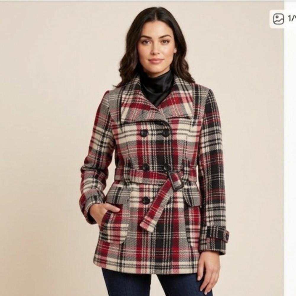 Red and Black Wool Blend Plaid Pea Coat